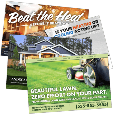 Four PostcardGo standard postcards for lawn care services, roofing services and HVAC services.